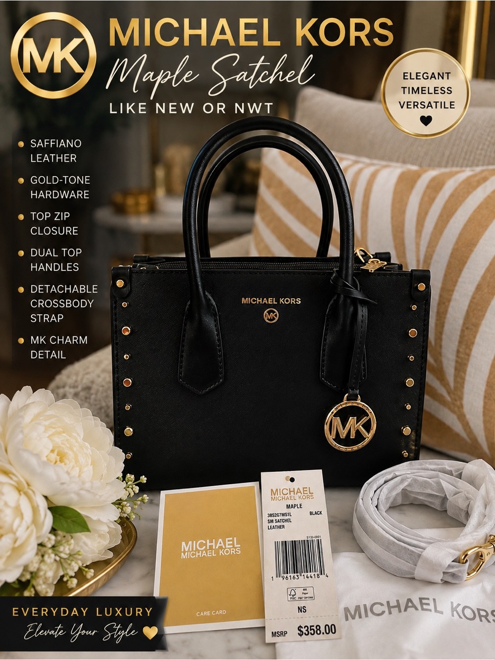 Michael Kors Black Saffiano Leather Maple   Satchel W/ Built-in Wallet NWT